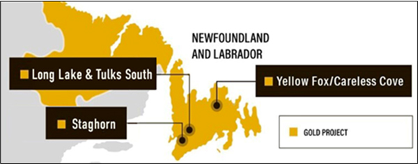 Quadroâ€™s gold projects, Newfoundland.